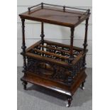 A Victorian walnut Canterbury whatnot, with fretwork panels and drawer below, width 22"