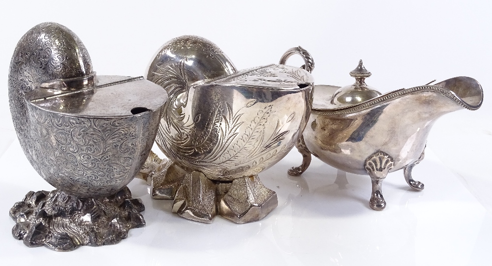 2 Victorian electroplate nautilus shell design spoon warmers, and a lidded sauce boat (3)