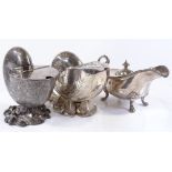 2 Victorian electroplate nautilus shell design spoon warmers, and a lidded sauce boat (3)