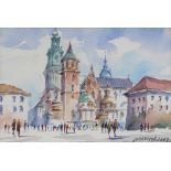 Watercolour, street scene in Prague, 6" x 9", and a pair of miniature watercolours, Venetian canal