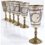 A set of 6 Russian silver and niello drinking tots, with gilt lining and stem, height 8.3cm, 6.9oz