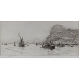 William Lionel Wyllie, etching, shipping off Gibraltar, signed in pencil, plate size 6.5" x 15",