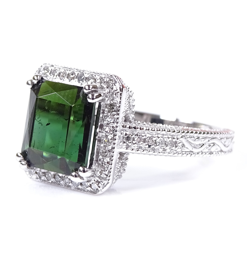 A 14ct white gold green tourmaline and diamond cluster ring, emerald-cut tourmaline approx 3.2ct, - Image 2 of 4