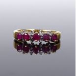 An 18ct gold ruby and diamond half hoop ring, setting height 4.4mm, size J, 2.6g