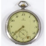 A steel-cased open-face top-wind Omega pocket watch, with subsidiary seconds dial, serial no.