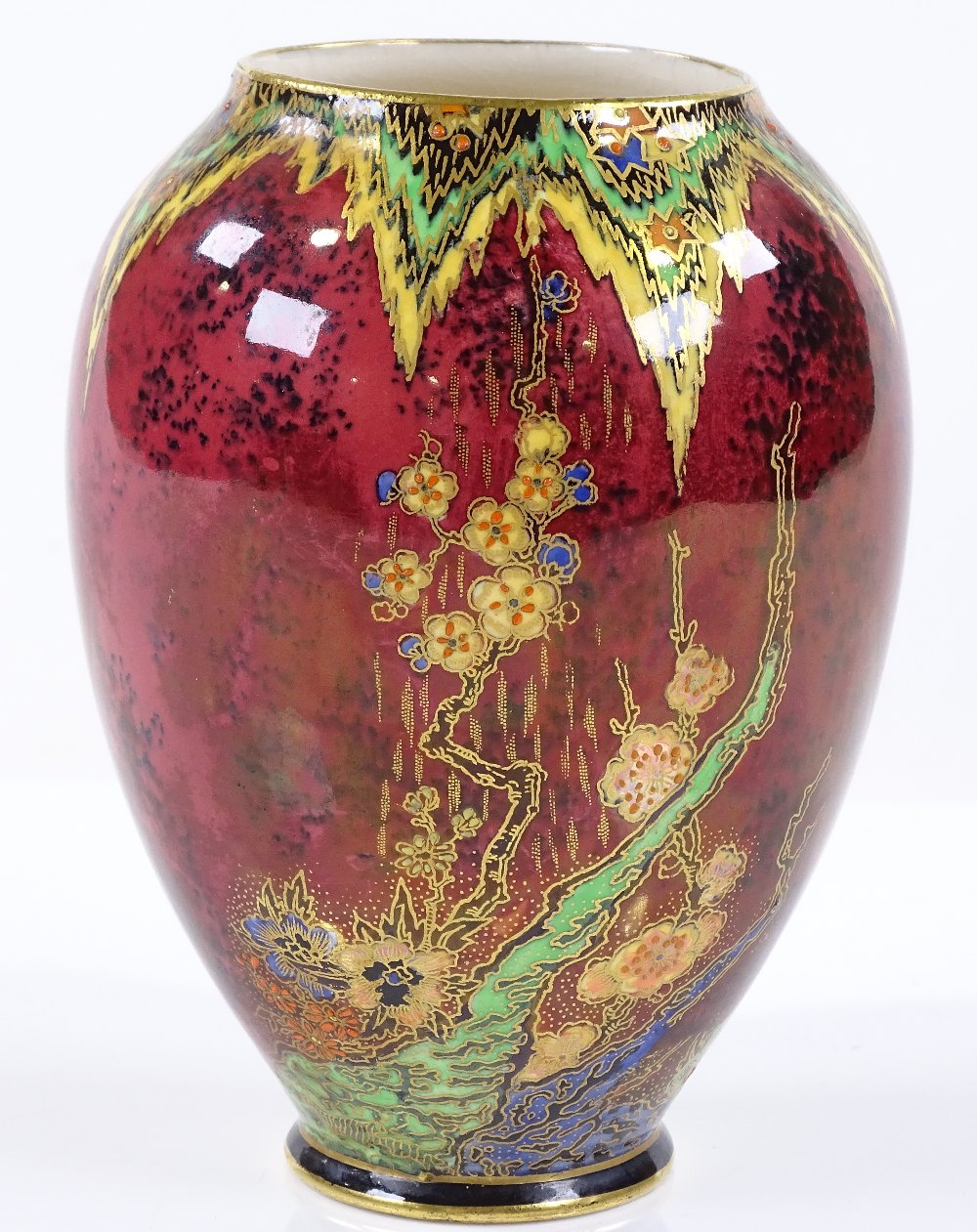 A Crown Devon vase with gilded and painted garden scenes, made for the Rembrandt Guild, height 13cm