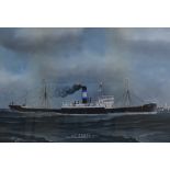 F Copuz, gouache, the SS Corfu off the coast, 17" x 25", framed