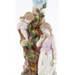 A Continental porcelain lamp base, surmounted by Classical figures, height 36cm