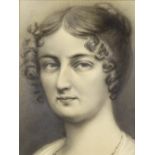 A 19th century pencil drawing, a head portrait of a woman, unsigned, 9" x 6.5", mounted