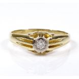 An 18ct gold solitaire diamond gypsy ring, setting height 7.2mm, size S, 4g