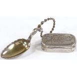 A Swedish silver engraved snuffbox, together with a Norwegian silver finger spoon (2)