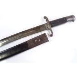 A late 19th century sword bayonet, overall length 71cm, original metal-mounted leather scabbard