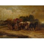 19th century English School, oil on canvas, horse drawn timber wagon, unsigned, 12" x 20", framed