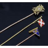 3 gold stickpins, including diamond set and coloured enamel, 6.5g total