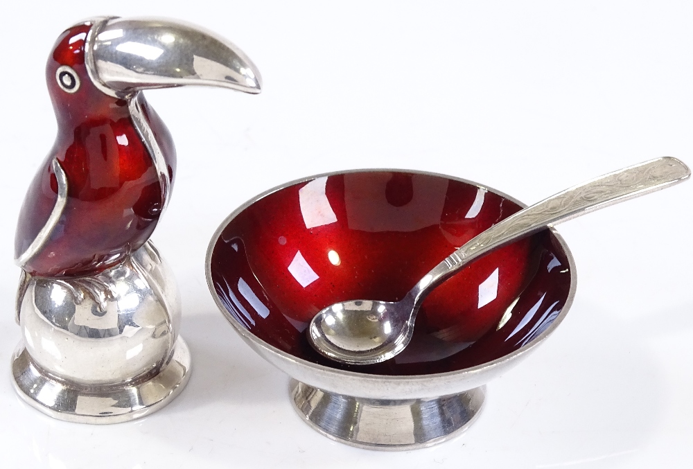 A Danish sterling silver and red enamel cruet set, comprising toucan-shaped pepperette and salt bowl - Image 2 of 3