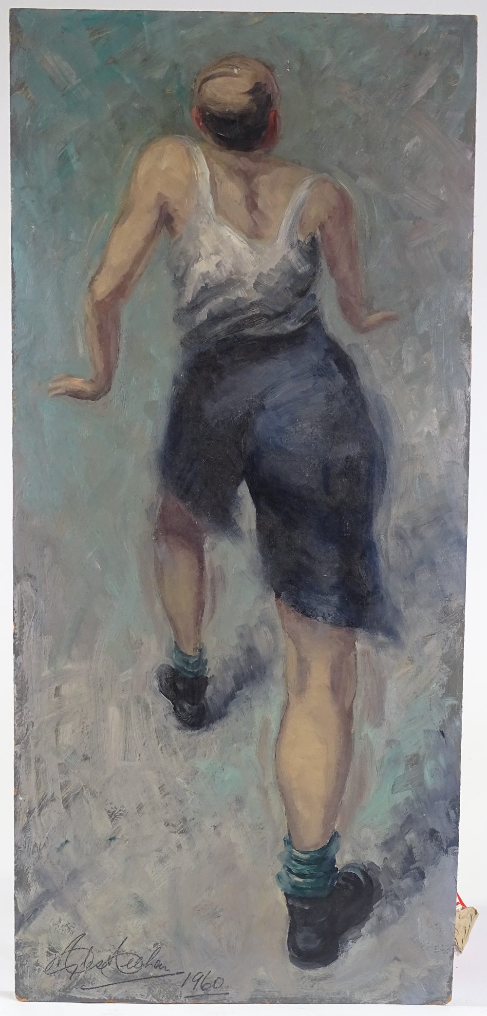 An oil on board, study of a man walking, indistinctly signed, 1960, 32.5" x 15", unframed