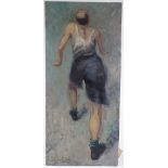 An oil on board, study of a man walking, indistinctly signed, 1960, 32.5" x 15", unframed