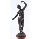 A silver patinated bronze standing nude sculpture, circa 1900, unsigned, on original red marble
