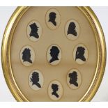 A set of 9 hand painted silhouettes, mounted in common gilt-gesso oval frame, overall dimensions 22"