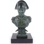 A green patinated metal bust of Napoleon on black marble base, overall height 19cm