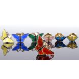 7 Norwegian silver and enamel butterfly pins, some by David Andersen