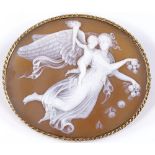 A relief carved cameo brooch, depicting winged figure with a cherub, in 9ct gold frame, 49.1mm