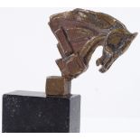 A mid-20th century cast-bronze abstract horse-head design sculpture, on marble base, unsigned,