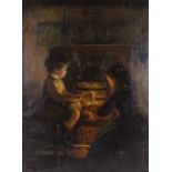 19th century oil on canvas laid on board, children beside a fire, unsigned, 30" x 22", framed