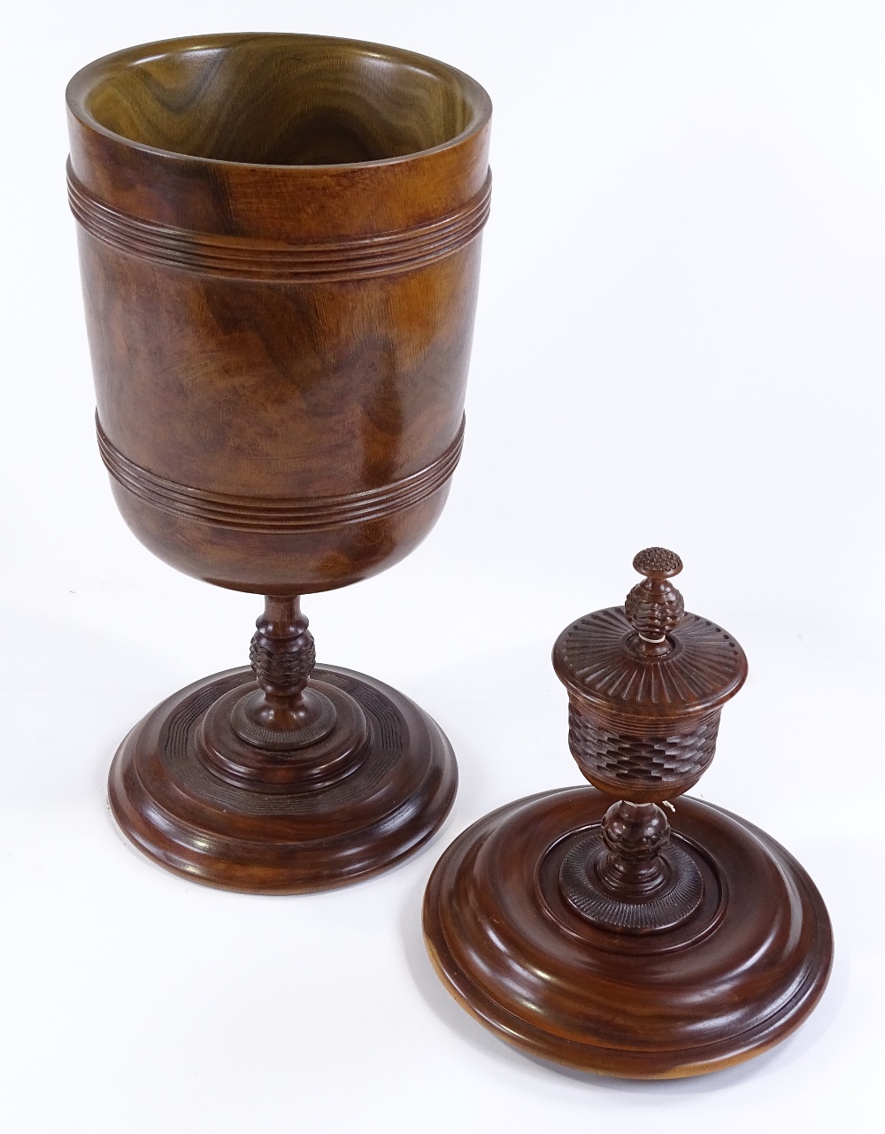 A large lignum vitae wassail bowl and cover, the circular lid surmounted with a spice cup and cover, - Image 4 of 10