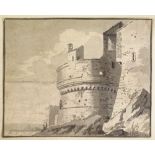 Paul Sandby (1725 - 1809), monochrome watercolour, study of a castle, 6.5" x 8", together with