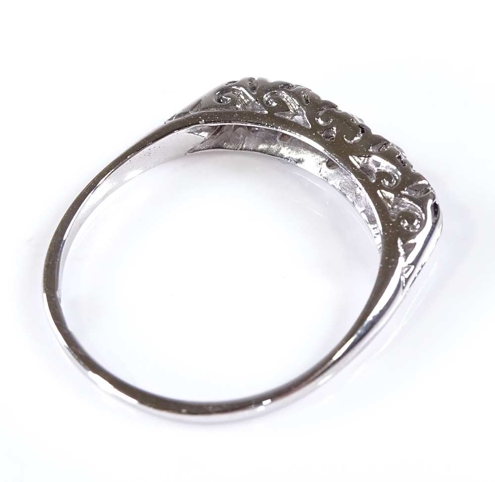 An 18ct white gold 5-stone diamond ring, pierced scrollwork bridge, setting height 4mm, size R, 2.5g - Image 3 of 4