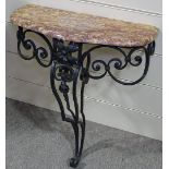 A marble-topped console table on wrought-iron base, width 2'
