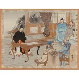 A Japanese colour woodblock print, interior scene, 14" x 18", framed