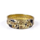 A 15ct gold pearl and black enamel band mourning ring, with pierced hair panel shank (no hair),