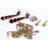 A group of gold jewellery, including graduated garnet drop earrings and 9ct chain, 6g total