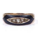 A 9ct gold pearl and black enamel mourning band ring, with glass panel back, band width 6mm, size P,