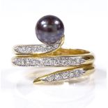 An 18ct gold black whole cultured pearl and diamond set snake ring, setting height 14.5mm, size M,