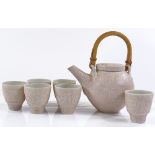 David Leach crackle glaze teapot and 6 matching tea bowls (2 A/F)