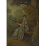 19th century French School, oil on canvas laid on board, portrait of a woman playing a lute,