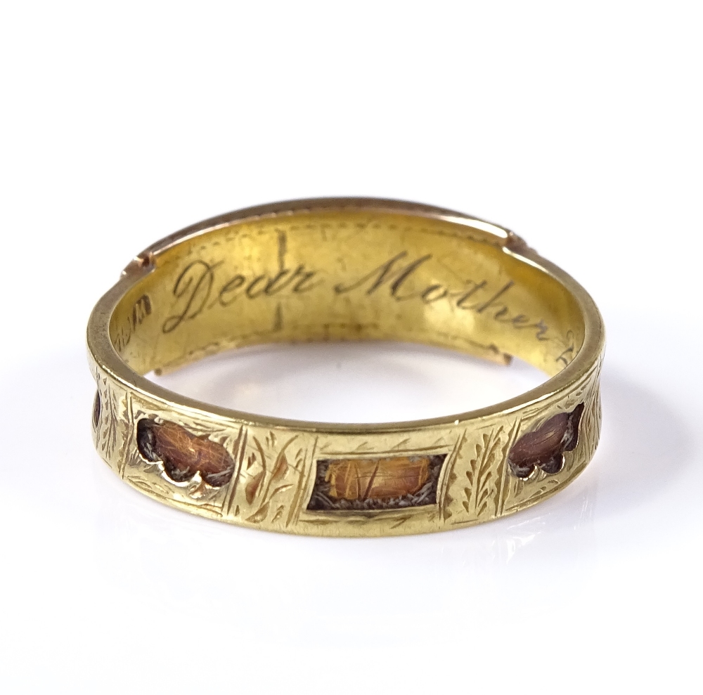 A 15ct gold pearl and black enamel band mourning ring, with pierced hair panel shank (no hair), - Image 3 of 4