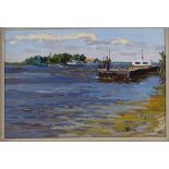 Piotr Soulimenko (born 1914), oil on card, pier on the River Dnieper, 9" x 14", framed