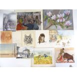 A folder of watercolours and drawings, various artists