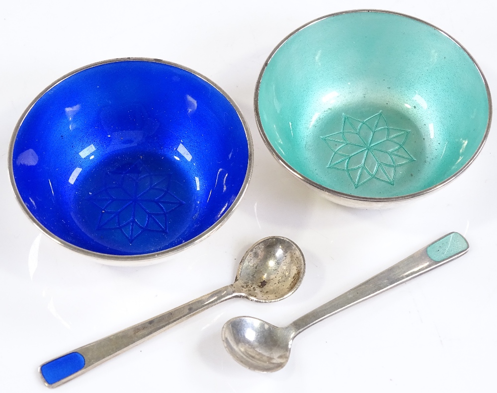 A pair of Danish sterling silver and coloured enamel salts with matching spoons, by Anton Michelsen, - Image 2 of 3