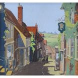 Mid-20th century gouache, view of Mermaid Street Rye, unsigned, 14" x 14.5", framed