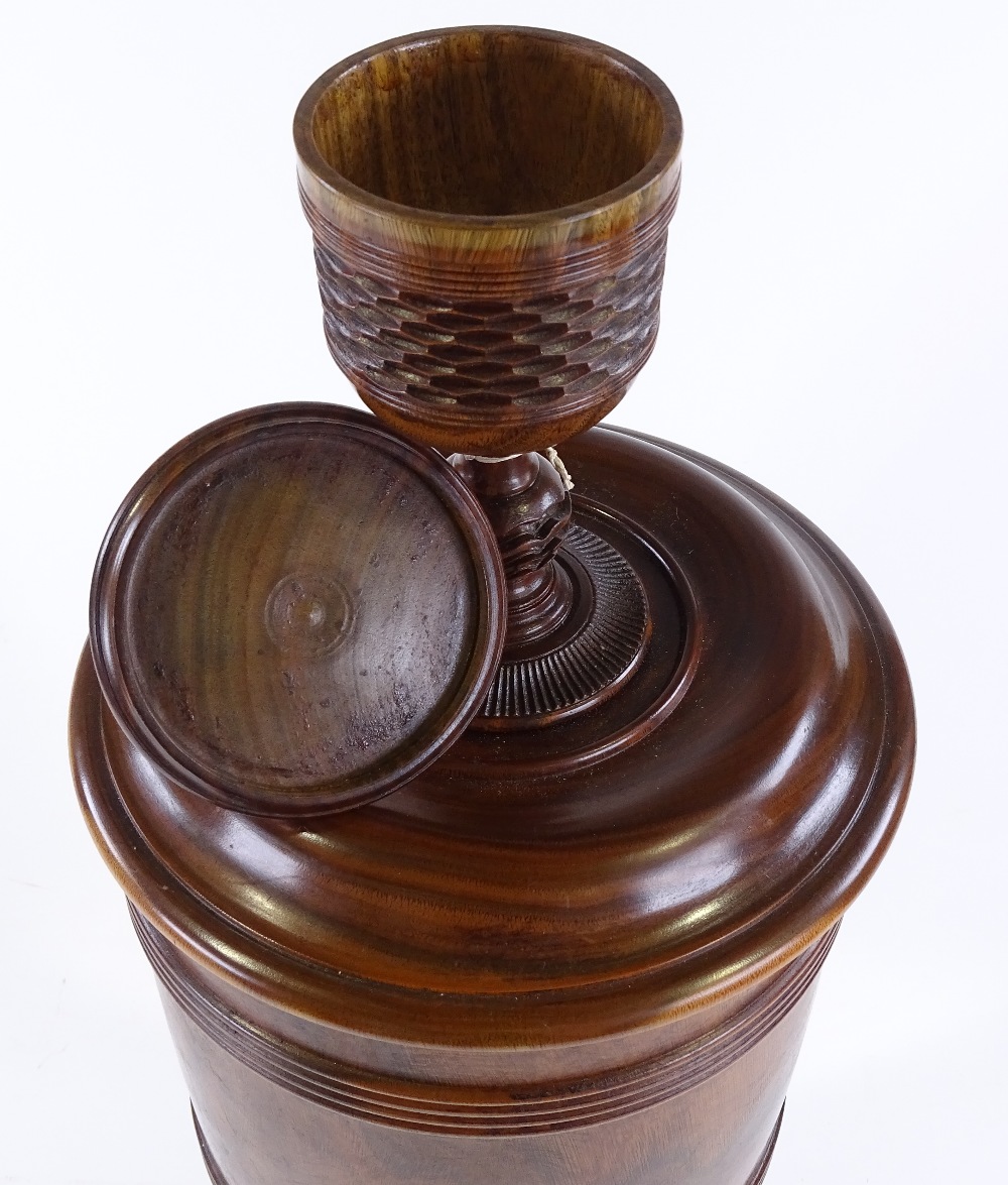 A large lignum vitae wassail bowl and cover, the circular lid surmounted with a spice cup and cover, - Image 3 of 10