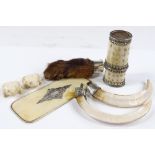A silver-mounted otter's foot, 2 silver-mounted wild boar tusks, a bone spill vase etc
