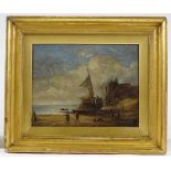 18th / 19th century oil on wood panel, fisherfolk on the beach, unsigned, 8" x 9.5", and a 19th