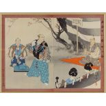 A Japanese colour woodblock print, figures in gardens, 14" x 18", framed