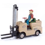 A Japanese tinplate battery operated toy forklift truck, length 27cm