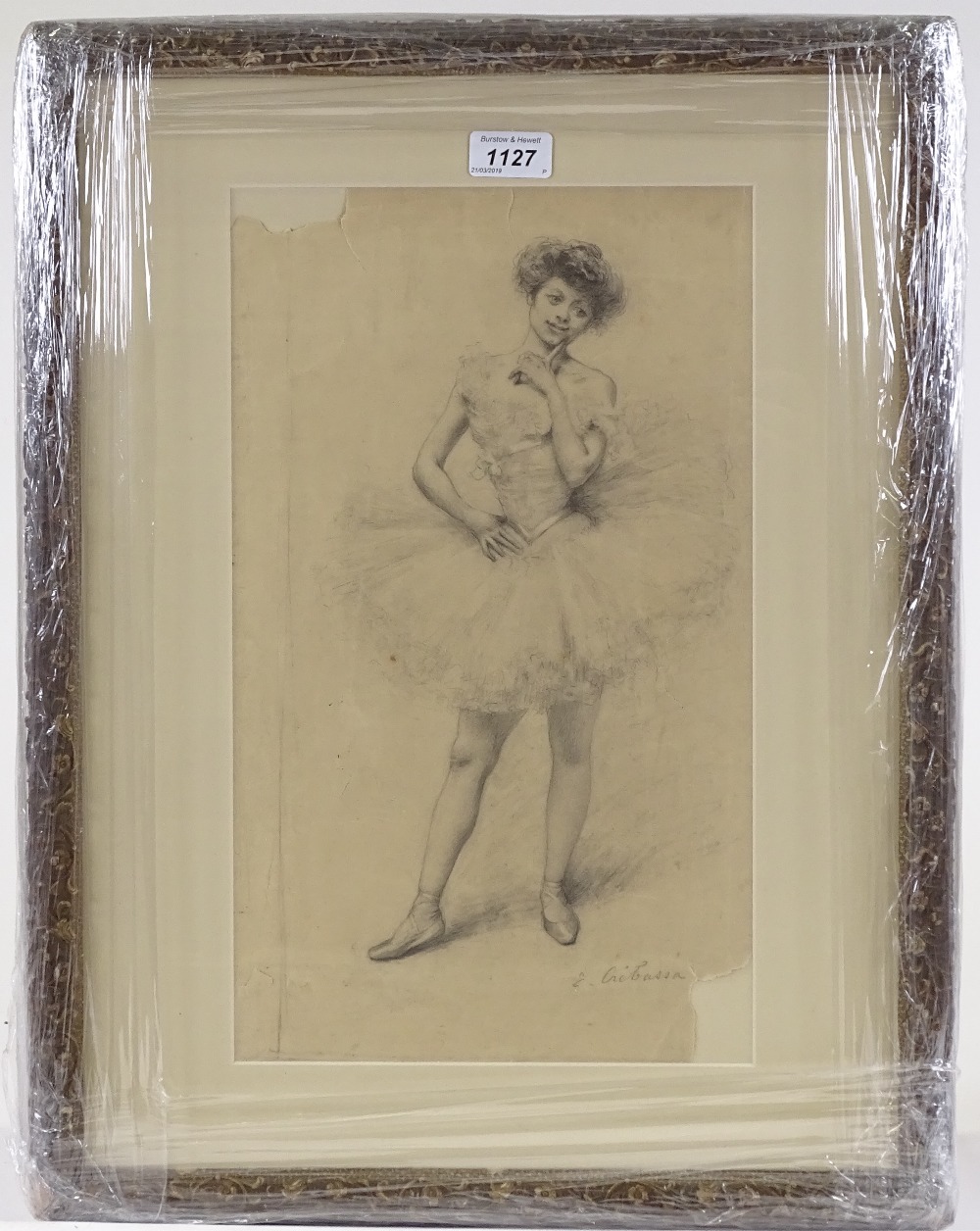 Eduard Crebassa (1822 - 1882), pencil drawing, ballet dancer, 16" x 9", framed - Image 2 of 4